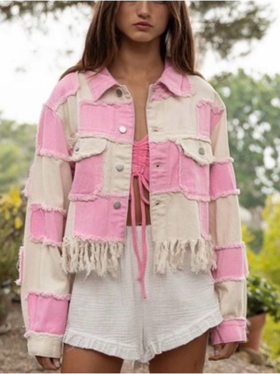 POL Jackets & Blazers - POL Pink & Cream Patchwork Distressed Cropped Jacket – Size Small